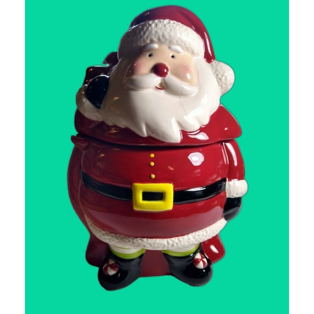 Santa Claus Cookie Jar Vintage Christmas 8" Ceramic Blue Snowflake On Back Cute